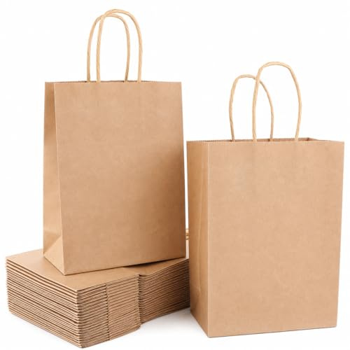 LDXDRU 150 Stück 15 x 21 x 8 cm Papiertüten mit Henkel, Klein Papiertüte Papier Geschenktüten Kraftpapiertüte, Papiertragetasche Geschenktüte für Weihnachten Geburtstag Hochzeit, Braun
