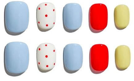 Sun&Beam Nails Handmade Press-on Short Squoval Round Blue Red White Yellow Dot Minimalist Design Fashion False Nail Tips 10 Pcs Set (#177 S)