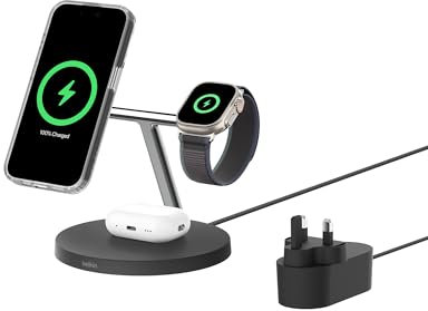 Belkin BoostCharge 3-in-1 Qi2 Charger, MagSafe Compatible Wireless Charging Station, Qi2 Wireless Charger for iPhone 16, 15, 14, Apple Watch, AirPods with Non-Slip Base, PSU Included - White - Black