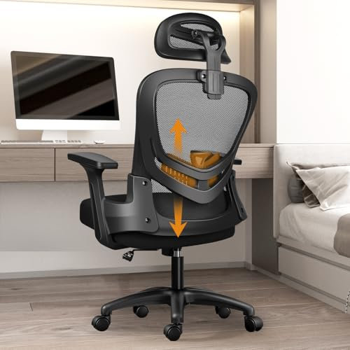 LIMBALAY Silla de Oficina Ergonómica con Soporte Lumbar, Función Basculante, Reposacabezas Ajustable, Reposabrazos y Altura Ajustables, Asiento de Malla Transpirable, Silla Giratoria para Ordenador