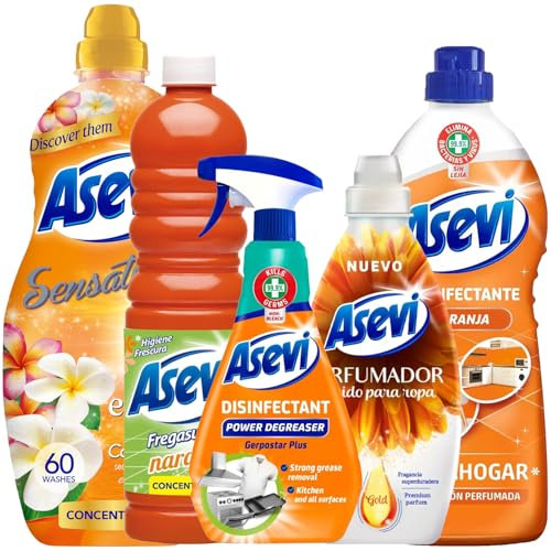 Asevi 5 Piece Orange Bundle Spanish Cleaning Products Giftset Degreaser 720ml, Scent Booster 720ml, Floor Cleaner 1L, Multi Surface Cleaner 1.1L, Energy Sensations Fabric Softener 60 Washes