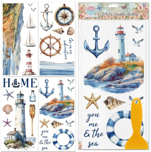 GLOBLELAND 4 Blatt Ozean Leuchtturm Möbeltransfer 11.8x5.9Zoll Landschaftsanker Rub On Transfer Seestern Selbstklebende Wandkunst Aufkleber Für Schlafzimmer Wohnzimmer Schreibtisch Tischdekoration