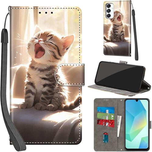 PHINIENLAND Handyhülle für Samsung Galaxy A16 4G / A16 5G Hüllen Premium Leder Case Klappbar Wallet Magnet Kartenfach Standfunktion Schutzhülle kompatibel mit Samsung A16 Cover,Katze