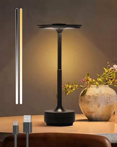 Trongle LED Tischlampe Kabellos, 5000mAh USB-C Akku Tischleuchte Touch Lampe, Stufenlos Dimmbare 3 Farbtemperatur, LED Lampe für Restaurant, Schlafzimmer, Kaffeehaus