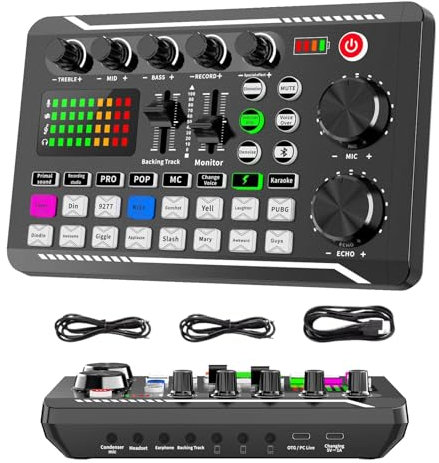 Carte son en direct, table de mixage audio pour carte son en direct, Carte son avec changeur de voix à lumière LED, 7 modes d'enregistrement, 4 modes de changement de son, mixeur audio pour karaoké, s