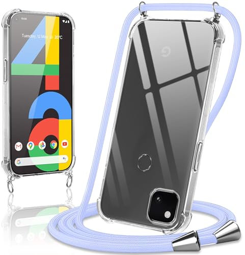 Coiwxmoi Handyband Handyhülle für Google Pixel 4a Hülle mit Band 5,81,Transparent Case mit Kette Abnehmbar zum Umhängen Kordel Schutzhülle,Weich Silikon TPU Stoßfest Cover für Google 4a 4G,Lila
