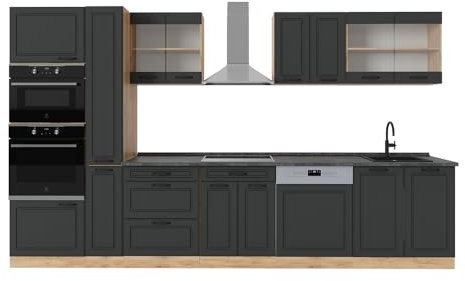 Vicco Küchenzeile R-Line, Anthrazit Landhaus/Goldkraft Eiche, 350 cm, AP Anthrazit