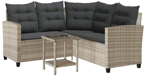 vidaXL Gartensofa in L-Form mit Tisch und Kissen Hellgrau Poly Rattan, Outdoor Sofa, Außensofa, Gartensofa Poly Rattan, Terrassensofa