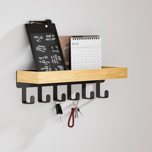 SWTYMIKI Key Holder with Wood Tray and 6 Hooks, Wall Mounted Key Racks, Key Hangers Home Decor Key Rack Mail Organizer for Hallway, Entryway, Bedroom, Mudroom, Office, Natural