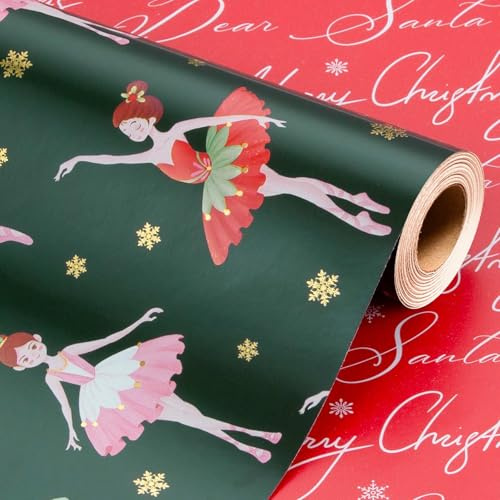 Wikadlik Reversibles Weihnachtsgeschenkpapier - Mädchen Balletttanz und roter Schriftzug Merry Christmas Design Dunkelgrün Geschenkpapier - 43 cm x 10 m