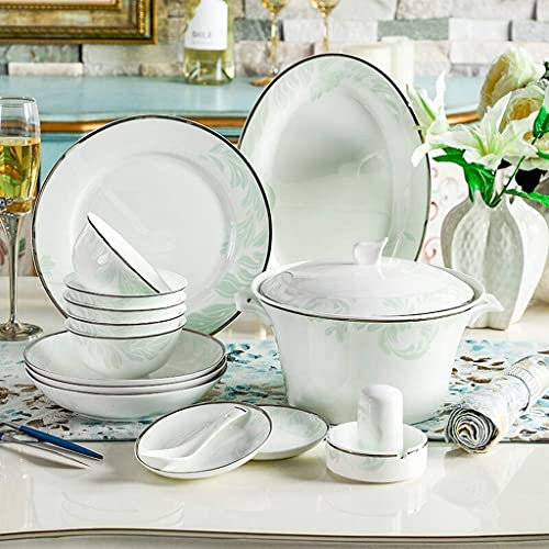 Dyqyym Ceramics Dinnerware Set with 46-Piece,Bowl/Stockpot/Dish/Spoon|Bone China Dinner Sets,Fresh Green Porcelain Combination Set
