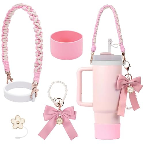 wkao Stanley Cup Accessories Set, Silicone Sleeve, Pearl Keychain, Insulated Handle Cup for 30 Oz 40 Oz