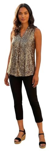 Roman Sequin Front Pleat Vest for Women UK - Ladies Autumn Everyday Winter Holiday V-Neckline Comfy Sleeveless Soft Sparkle Shirt Dinner Date Tops - Gold - Size 18