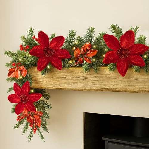 Marco Paul 9ft Luxury Pre Lit Christmas Garland with Lights Red Poinsettia Flower Artificial Pine Garland Battery Operated LED Garland Cool & Warm White Lights, Fireplace & Stairs Decor