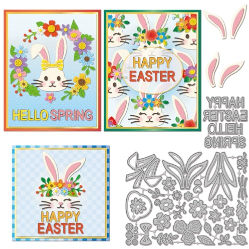 GLOBLELAND Osterhasen Metall Stanzschablone Frühlingsblumen Papierpräge Stanzschablonen Set Fröhliche Ostern Stanzformen für Kartenherstellung DIY Papier Scrapbooking Handgefertigtes Fotoalbum