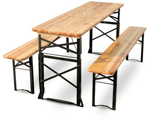 DELUKE Bierzeltgarnitur höhenverstellbar klappbar Holz 170cm RINHO - 3 Teilig | 2X Bierbank 1x Biertisch | Festzeltgarnitur Biertisch Stehtisch Sitzgarnitur