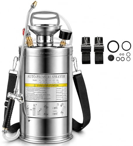 6L Edelstahl Drucksprüher mit Manometer & Sicherheitsventil, Profi Hand Pumpsprüher mit verstärktem Schlauch und Verstellbarer Messingdüse, Drucksprühgerät für Garten, Reinigung & Desinfektion