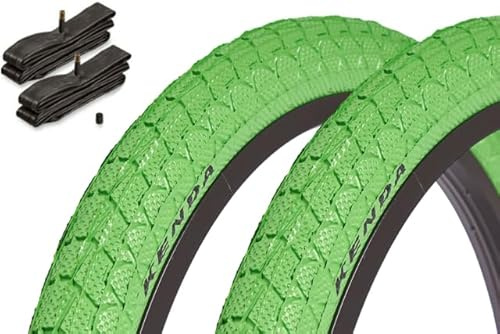 Kenda BMX Reifen Set 20 x 1,95 Zoll – ca. 610 g – Drahtreifen – inkl. Kujo Schläuche AV – sportlicher Look – Park & Street – grün