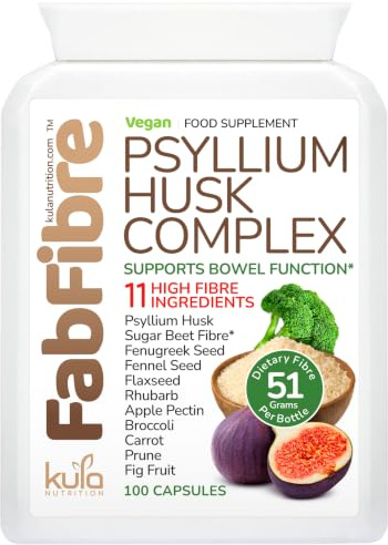 FabFibre - Psyllium Husk Complex - Dietary Fibre Supplement - 100 Capsules | 11 Insoluble and Soluble High Fiber Vegan Foods - Rhubarb, Broccoli, Flaxseed, Apple Pectin - Supports Normal Bowel Function