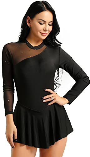 iEFiEL Damen Langarm Ballettkleid Eiskunstlauf Kleid mit Glitzer Kristallen Ballettkleidung Gymnastik Leotard Turnanzug Tanzkostüm Schwarz S
