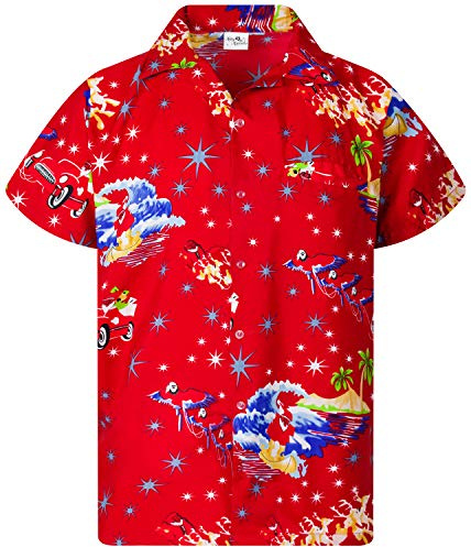 King Kameha Funky-Hawaii-Hemd, Weihnachten, Herren, Kurzarm, Christmas-Surf-Santa, Rot, S