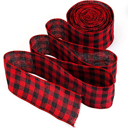 LUTER Rotes und Schwarzes Kariertes Sackleinenband mit Draht Buffalo Plaid Ribbon Weihnachtsband Geschenkband für Weihnachten Basteln Dekoration Blumenschleifen, 236 mal 2,5 Zoll