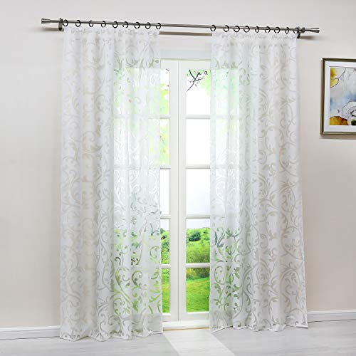 Heichkell Voile Gardinenschal mit Kräuselband Transparent Vorhang mit Ausbrenner Design Wohnzimmer Gardine 1PC Store BxH 140x225cm Weiß