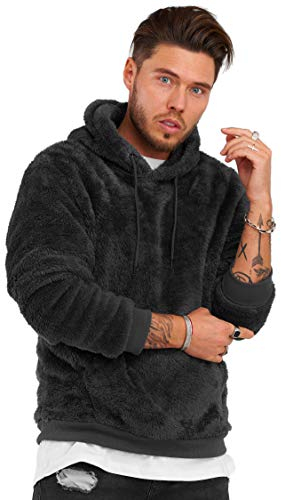 behype. Herren Teddy-Fell Kapuzen-Pullover Sweatshirt weicher Hoodie mit Kapuze Fleece-Jacke 40-4705 Schwarz M