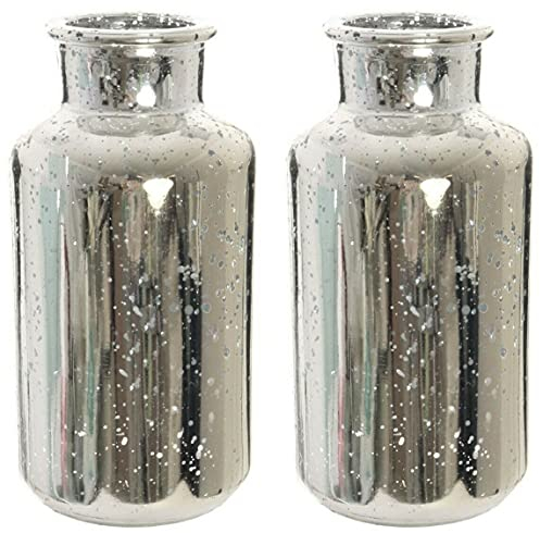 Rammento Set of 2 Silver Splatter Funnel Neck Glass Vases - 20cm Tall, Contemporary Design, Perfect for Flower Arrangements or Standalone Decor - Ideal for Modern Home Aesthetics