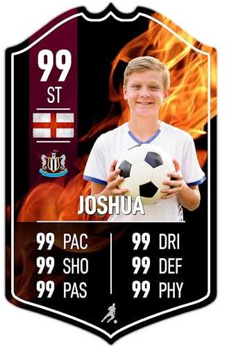 ShopQuality4U Personalise Football Cup Player Stats Card Sign - Fire Background Printed Metal Shield Sign Wall Art A4 Player Add Name (28x17cm)