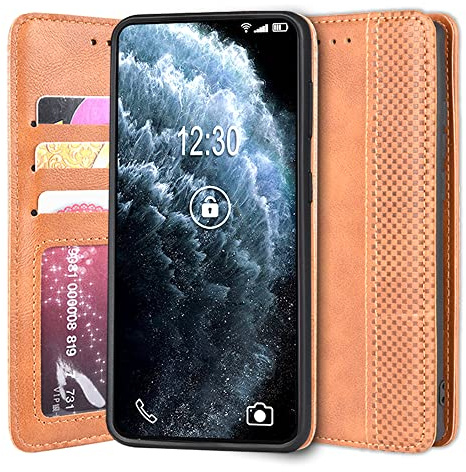 Sinyunron Handyhülle Kompatibel mit LG G7 ThinQ Hülle Leder Handytasche Schutzhülle Klappbar Magnetverschluss Retro Business Klassisches Design Brieftasche,Braun