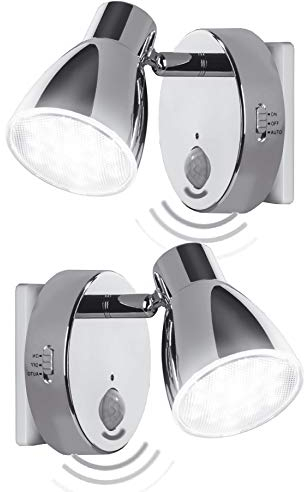 Trango juego de 2 luces de noche LED cromadas 2635-028 *MILO* con sensor de movimiento y función automática luz de seguridad 230V lámpara de enchufe, aplique, luz de orientación, lámpara de noche