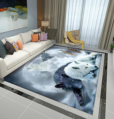 Wald Mond Wolf Schwarz Grau Kurzflor Teppich Tier 3D Design Flanell Wohnzimmer Schlafzimmer Teppich Modern Home Kinderzimmer Teppich Spielteppich Rutschfest Küche Bodenmatte (Farbe 4,120x160 cm)