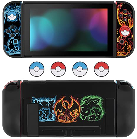 DLseego Schutzhülle Kompatibel mit Switch, Dockbare weiche TPU-Abdeckung mit 4 Daumengriffkappen, Kratzfeste Stoßdämpfung Zubehör für Switch Konsole&Joycons Controller,DREI Elfen