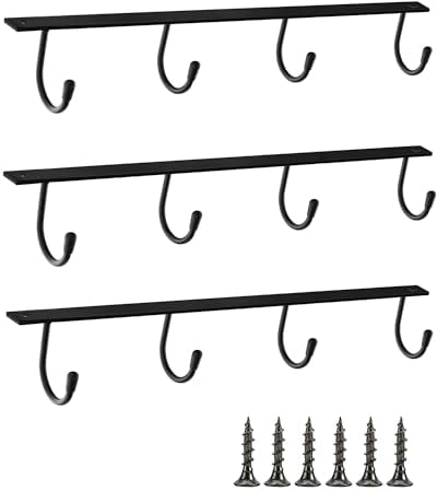 YQBOOM Mug Hanger Under Cabinet 3 Pcs Metal Coffee Hooks Wall Mounted Coffee Cup Rack Mug Storage Organizer for Kitchen Dining Bar - Black