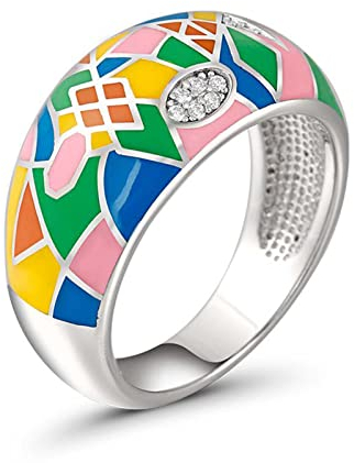 Jeulia Damen Sterling Silber Ring Mehrfarbig Emaille Blumen Geometrisch Diamant Band Ring für Frauen Mädchen Breiter Ring Party Schmuck Personalisierte Anniversary Geschenk (56(17.7), Geometric-2)