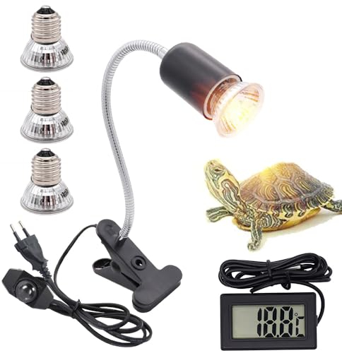 Lotvic Lampe Chauffante Tortue, Lampe Reptiles avec 3 Ampoules(UVA/UVB lampe) et Thermomètre, Lampe Chauffante E27 UVA + UVB pour Tortue, avec Pince Pivotante à 360 °Éclairage