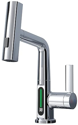 Wasserhahn fürs Bad, Chrom Waschtischarmatur mit herausziehbarer Brause Regensprühkopf und Temperaturanzeige Einhebel-Badezimmer-Mischbatterie mit eingebautem automatischem Wasserkrafterzeugungsgerät