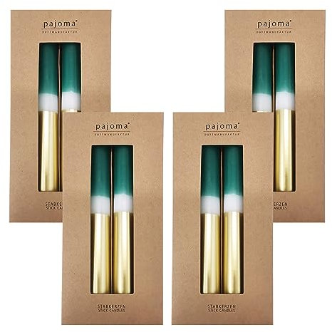 Stabkerzen 16 Stück - Grün-Weiß-Gold | Höhe 21 cm ø 2.1 cm - Brenndauer 5 Stunden | 3 farbige Spitzenkerzen - Premium Qualität | pajoma®