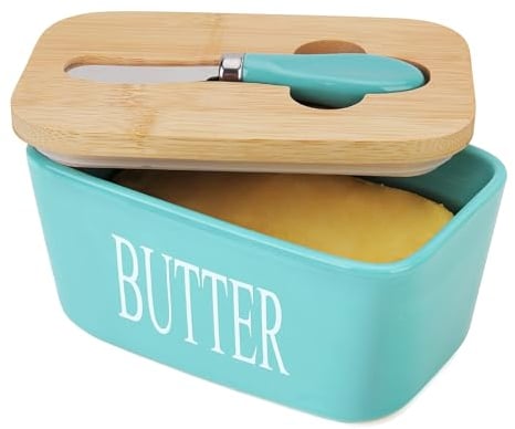 Butterdose mit Deckel, Chasechic Ceramic Butter Keeper mit Deckel und Messer, 500ML luftdicht große Porzellan Butterbehälter Halter, Hellblau