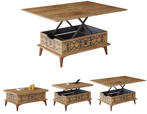 BERA DESIGN Extendable 6-8 Seater, Lift Top Coffee Table, Extendable & Foldable Coffee Converts to Dining Table - Space Saving - 90x60x45cm with 3 Variable Height Level