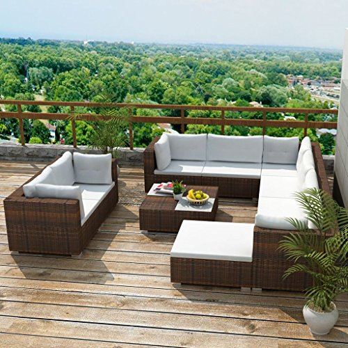 ARKEM 10-TLG. Garten-Lounge-Set mit Auflagen Poly Rattan Braun Gartenbank Mit Tisch Pallettenmoebel