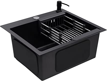 Spülbecken Edelstahl Spüle Schwarz Kitchen Sink Eckig Waschbecken Küche Einbauspüle Küchenspüle für 45 cm Unterschrank, inkl. Seifenspender, Über- u. Ablaufgarnitur
