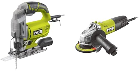 RYOBI - Scie Sauteuse Pendulaire 220V, 500W, 3000cps/min, Inclinaison 0 à 45 ° Droit et Gauche & Meuleuse d'angle 800 W diam. 125 mm - 12 000 tr/min - protection anti-redémarrage