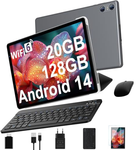 Tablet 10 Pollici Android 14 con Widevine L1, 20 GB RAM + 128 GB ROM(Espandibile Fino a 1 TB), Octa-Core, 5G Wi-Fi 6, 8MP + 5MP, 6000mAh, GPS, USB-C Tablet con Tastiera + Mouse + Custodia, Grigio