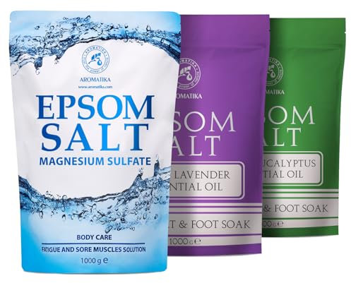 Epsom Badesalz Set 3x1000 g - Salz mit Ätherisches Eukalyptusöl - Badesalz mit Ätherischen Lavendel Öl - Magnesiumquelle - Mineralsalz - Körperpflege - Entspannung