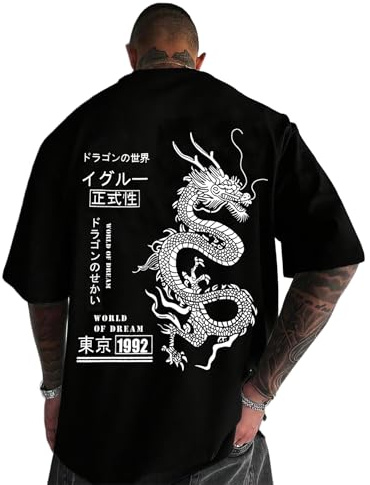 UOUA Mens Graphic Tees Vintage T-Shirts Oversized Dragon Letter Print Casual Crewneck Cotton Top Short Sleeve Rapper Streetwear L