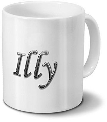 printplanet Tasse mit Namen Illy - Motiv Chrom-Schriftzug - Namenstasse, Kaffeebecher, Mug, Becher, Kaffeetasse - Farbe Weiß