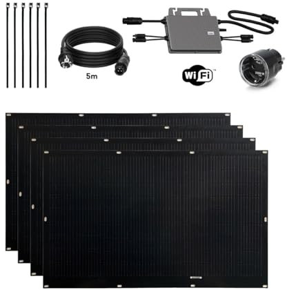 TORNASOL® Kit solar autoinstalable 800W, x4 paneles solares ultraligeros flexibles full black monocristalinos de 200W. Enchufables por conexión schuko | cable MC4, uso recomendado para balcón