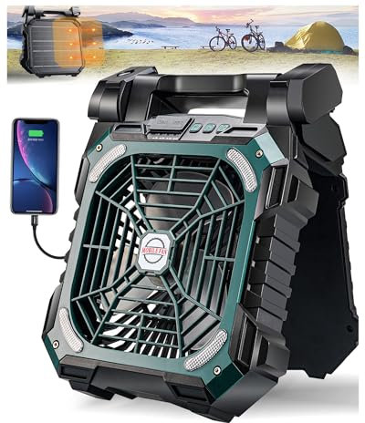 DUKUSEEK 10 Solar Power Camping Fan with 8.5W/7V Solar Panel, 10400mAh Battery Operated Portable Fans, 90° Adjustable Desk Fan, Rechargeable USB Powered Personal Cooler with Light for Picnic Fishinig